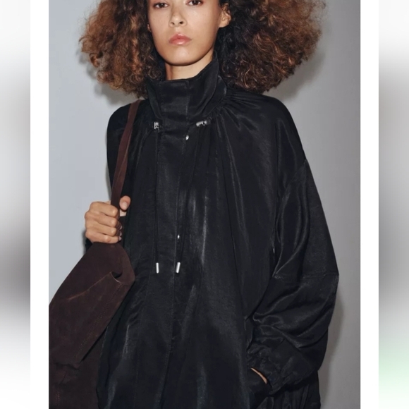 Zara Zw Collection Oversized Fluid High Neck Black Bomber Jacket Sz-S - Picture 3 of 9